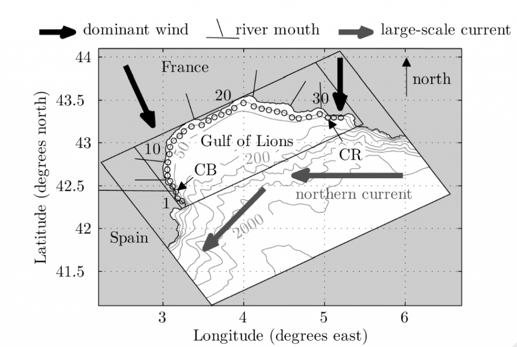 Figure 2 : Carte bathymétrique du Golfe du Lion, montrant le large plateau continental délimité par l'isobathe 200 m. Les directions des vents dominants et du courant Nord (ou Liguro-Provençal-Catalan) sont également indiquées. CB et CR figurent les localisations de deux aires marines protégées incluant des zones intégrales ou sanctuaires du Golfe du Lion.
